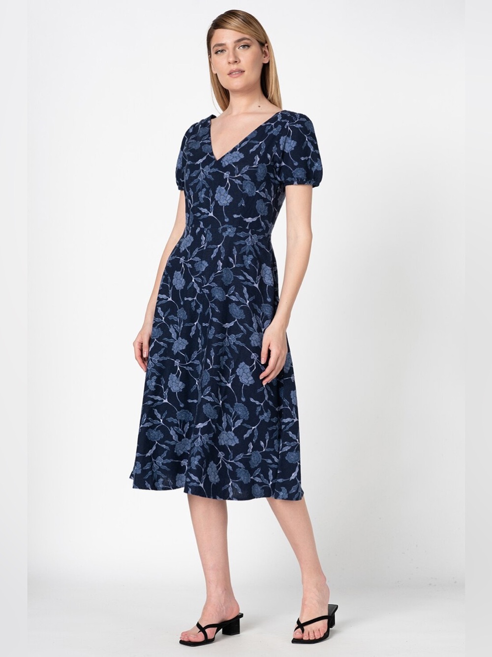 GAP Blue Floral Linen Midi Dress